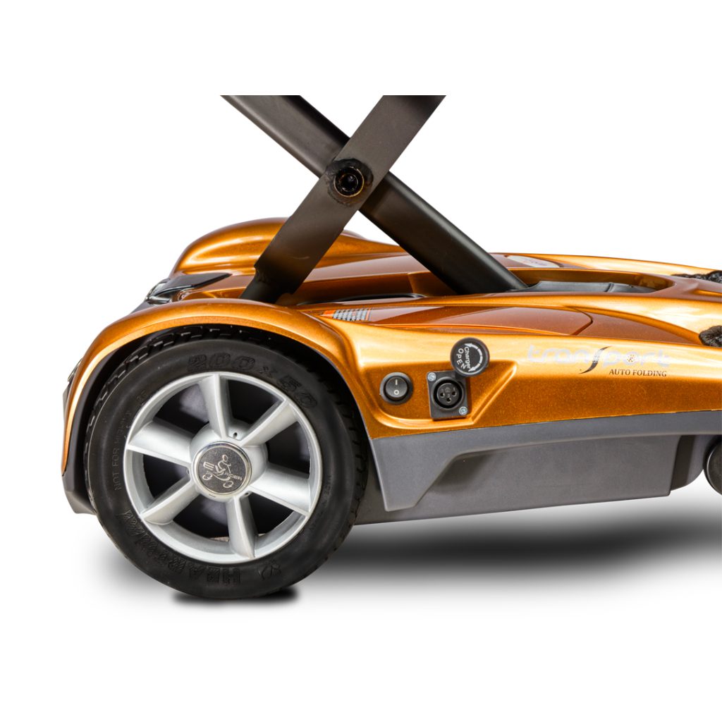 Rear Tire View of EV-Rider Transport AF + Auto Folding Lightweight Travel Mobility Scooter