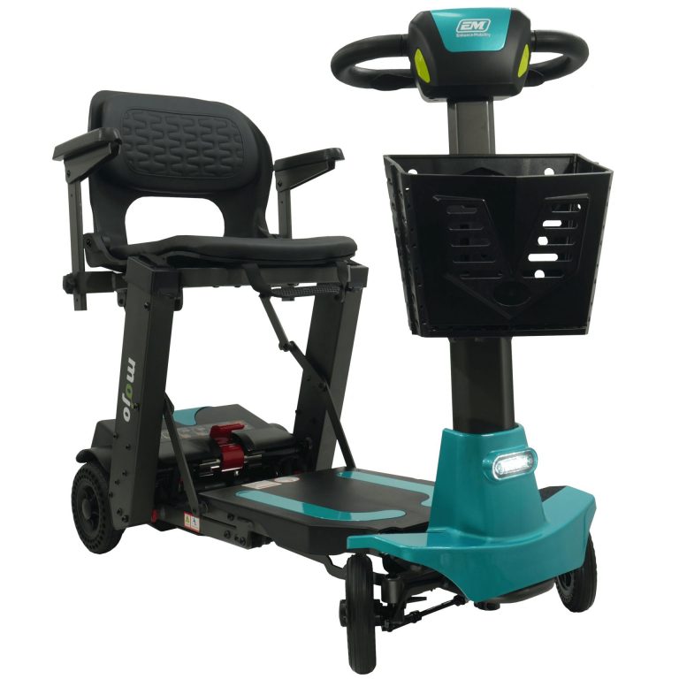 Aqua Color of Enhance Mobility Mojo Heavy Duty Auto-Folding Mobility Scooter