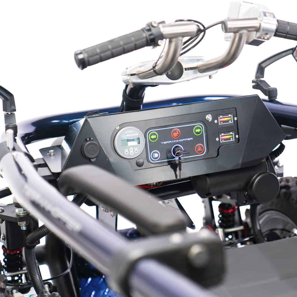 Close-up of TerrainHopper Overlander 4ZS control panel/tiller, featuring intuitive controls for easy and precise navigation on any terrain.