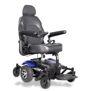 Merits Vision Sport wheelchair in blue, front side view, showing its sleek design and comfortable seat