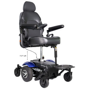 Front side view of the Merits Vision Sport wheelchair with its seat elevated, showcasing its height-adjustment feature and sleek design