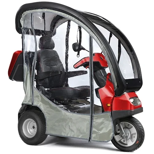 Red Afiscooter S3 Mobility Scooter with Canopy Rain Cover and Golf Tires