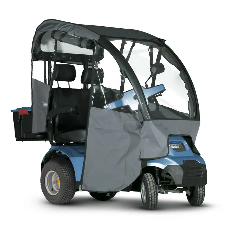 Blue Afiscooter S4 Dual Seat Mobility Scooter with Canopy Rain Cover and Golf Tire