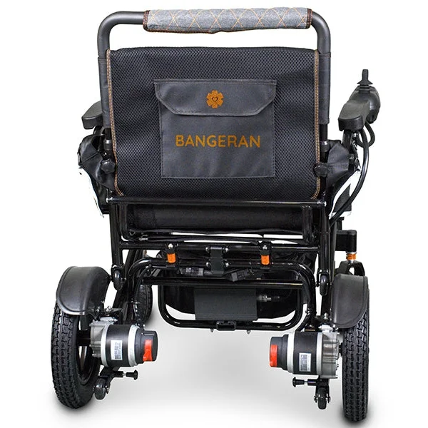 Rear view of Bangeran Mammoth wheelchair showing back pocket and dual motors.