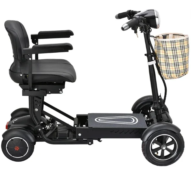 Side view of the Bangeran Dragon Mobile EX scooter, highlighting the seat, footrest, and plaid storage bag.