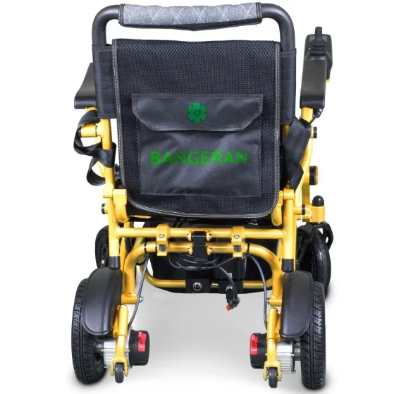 Bangeran Pegasus folding power chair rear view showing backrest storage pocket and frame.