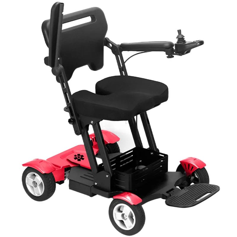 Red Bangeran Titan Mobility scooter featuring a comfortable seat, armrests, footrests, joystick controller, and a storage basket at the rear.