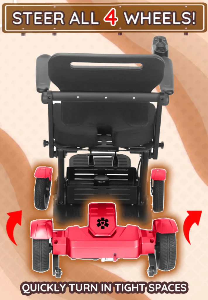 Bangeran Titan Mobility scooter showing how the 4 wheels can be steered for tight turns, improving maneuverability in confined spaces.