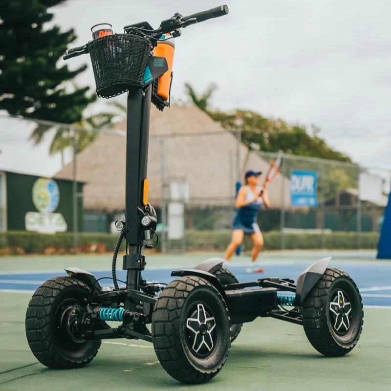 Outdoor view of the MIA Four X2 scooter on a tennis court with a player in the background
