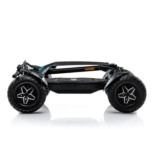 Side view of the MIA Four X2 scooter folded flat for compact storage