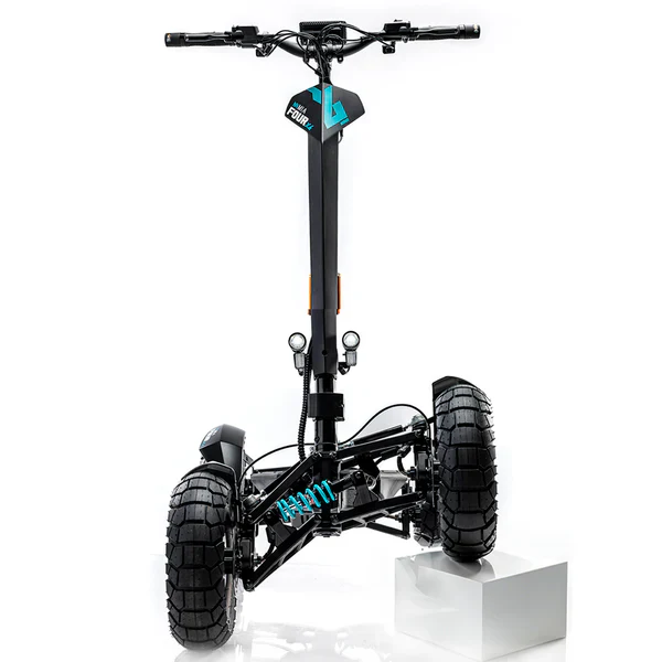 Close up rear view of the MIA Four X2 suspension and large rugged tires on a white background