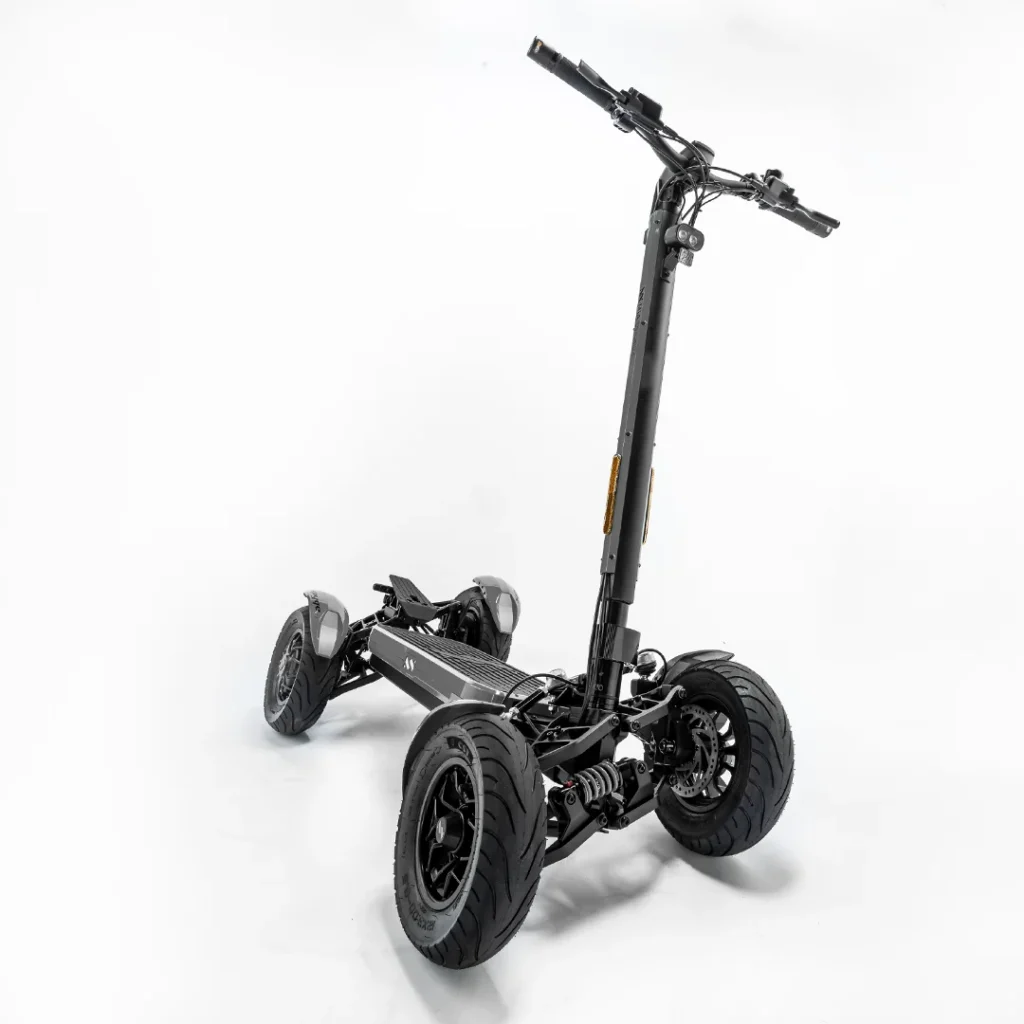 Angled view of MIA SPYQE 2x4 electric scooter with durable frame and large tires built for stable urban riding