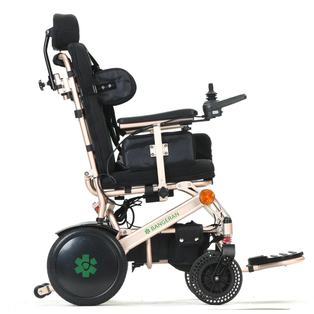 Bangeran Pegasus Cerebral Palsy wheelchair with black seat, side view showing footrest and joystick.