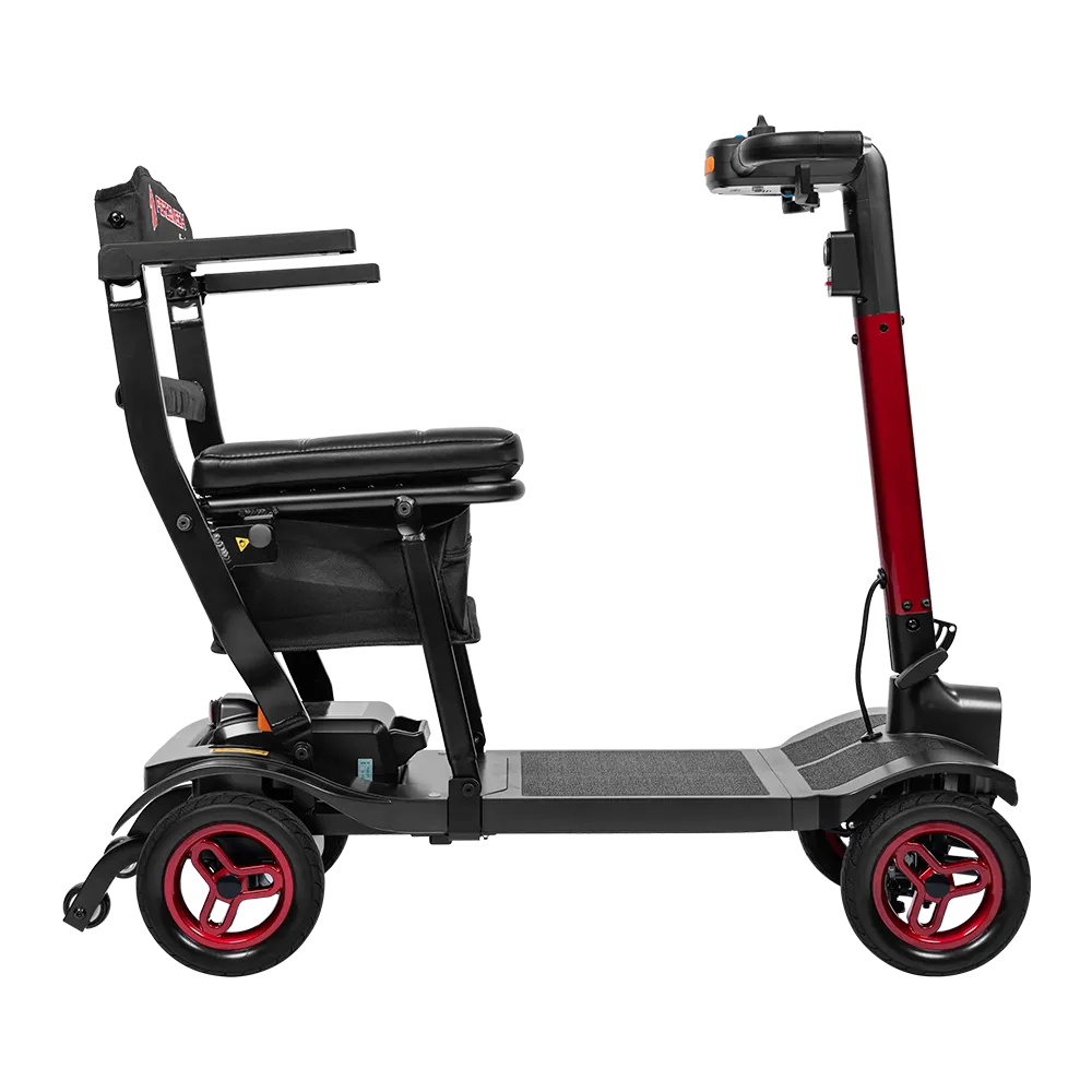 Forcemech Traveler Lightweight Folding Mobility Scooter in red shown from the side with a padded seat and upright tiller.