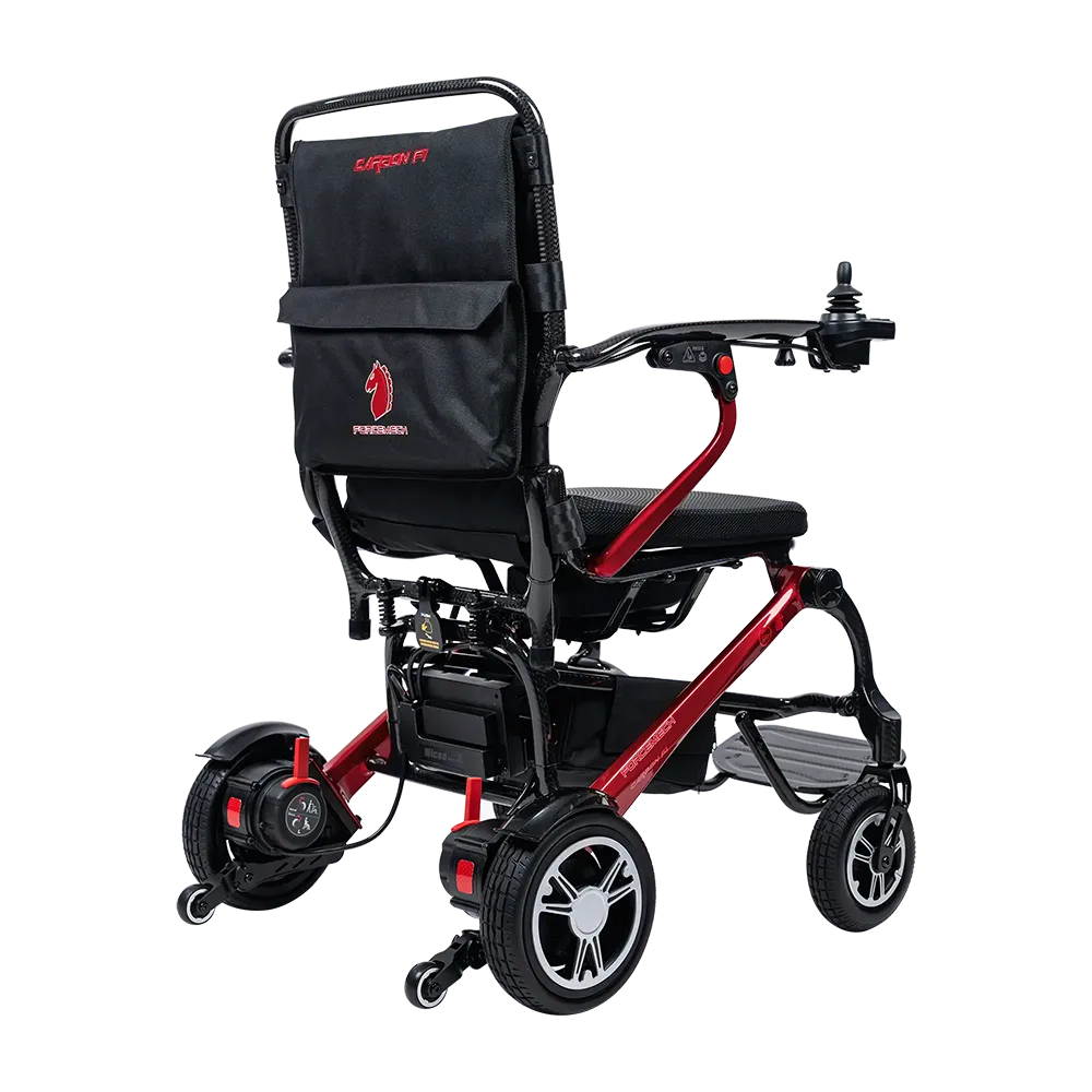 Forcemech Carbon F1 Lightweight Folding Power Wheelchair in red shown from the back with a black storage bag and sturdy rear wheels.
