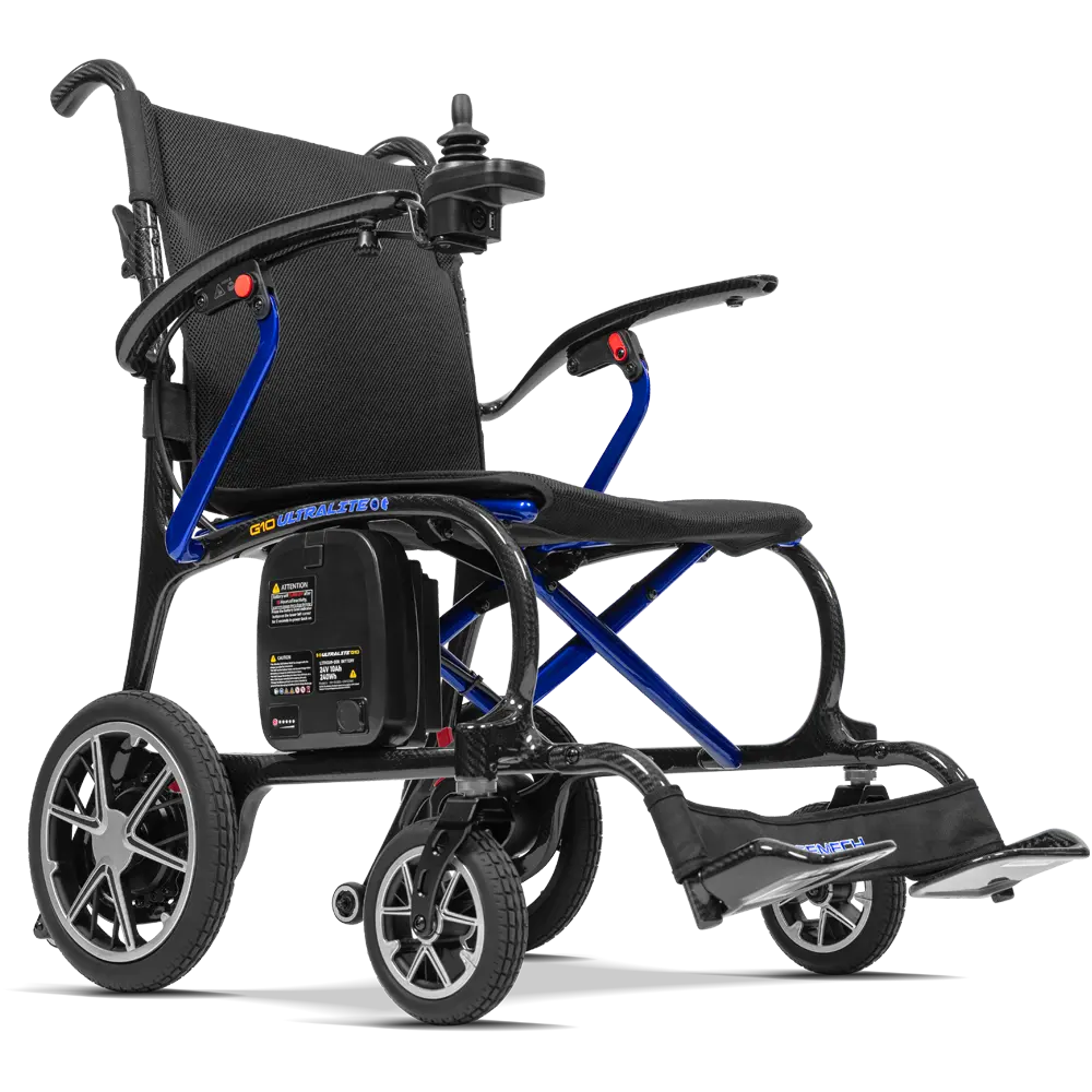 Forcemech Ultralite G10 Lightweight Folding Electric Wheelchair in blue shown from the side with large wheels and a slim frame.