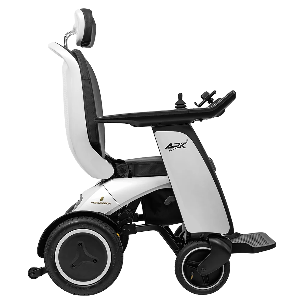 Side view of a white Forcemech ARK mobility scooter with a tall backrest and simple arm controls.