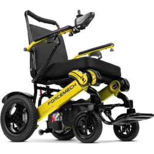 Forcemech Navigator Pro Heavy-Duty Foldable Electric Wheelchair in yellow shown from an angled view with a thick seat and sturdy frame.