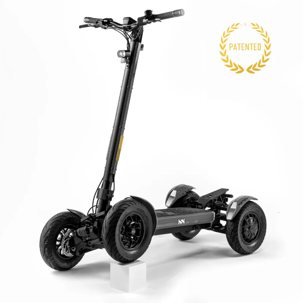 MIA SPYQE GT gray electric scooter with patented four wheel design for stable urban riding