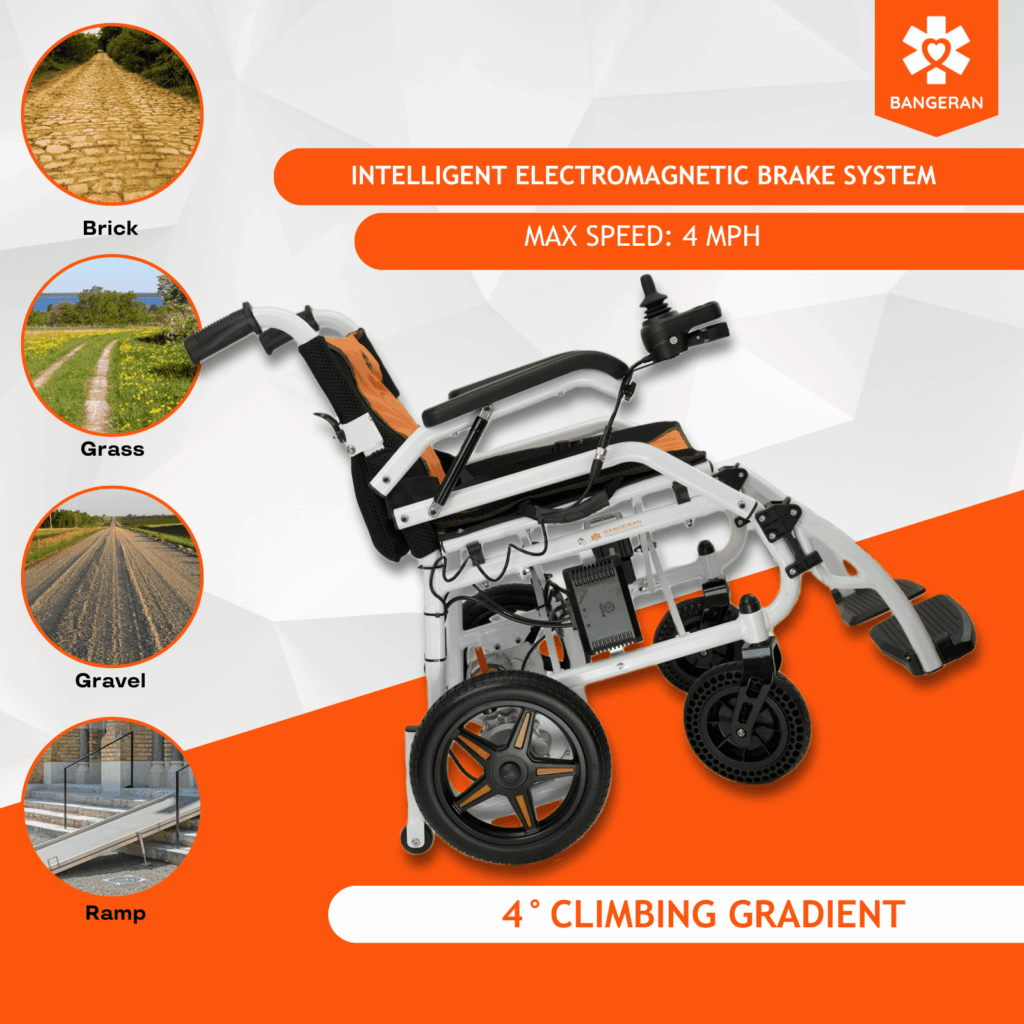 Bangeran Phoenix Ultra Lightweight Folding Power Wheelchair climbing a slope