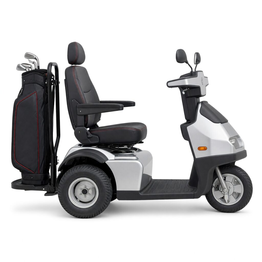 Silver Afiscooter S3 2-in-1 three wheel golf cart mobility scooter with extra wide rear golf tires and a golf bag in the rear bag holder, side view