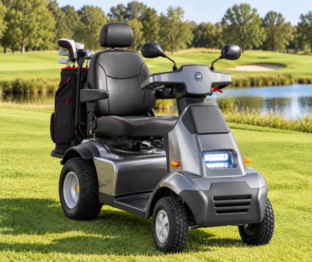Gray Afiscooter S4 2-in-1 golf cart with a golf bag on a golf course