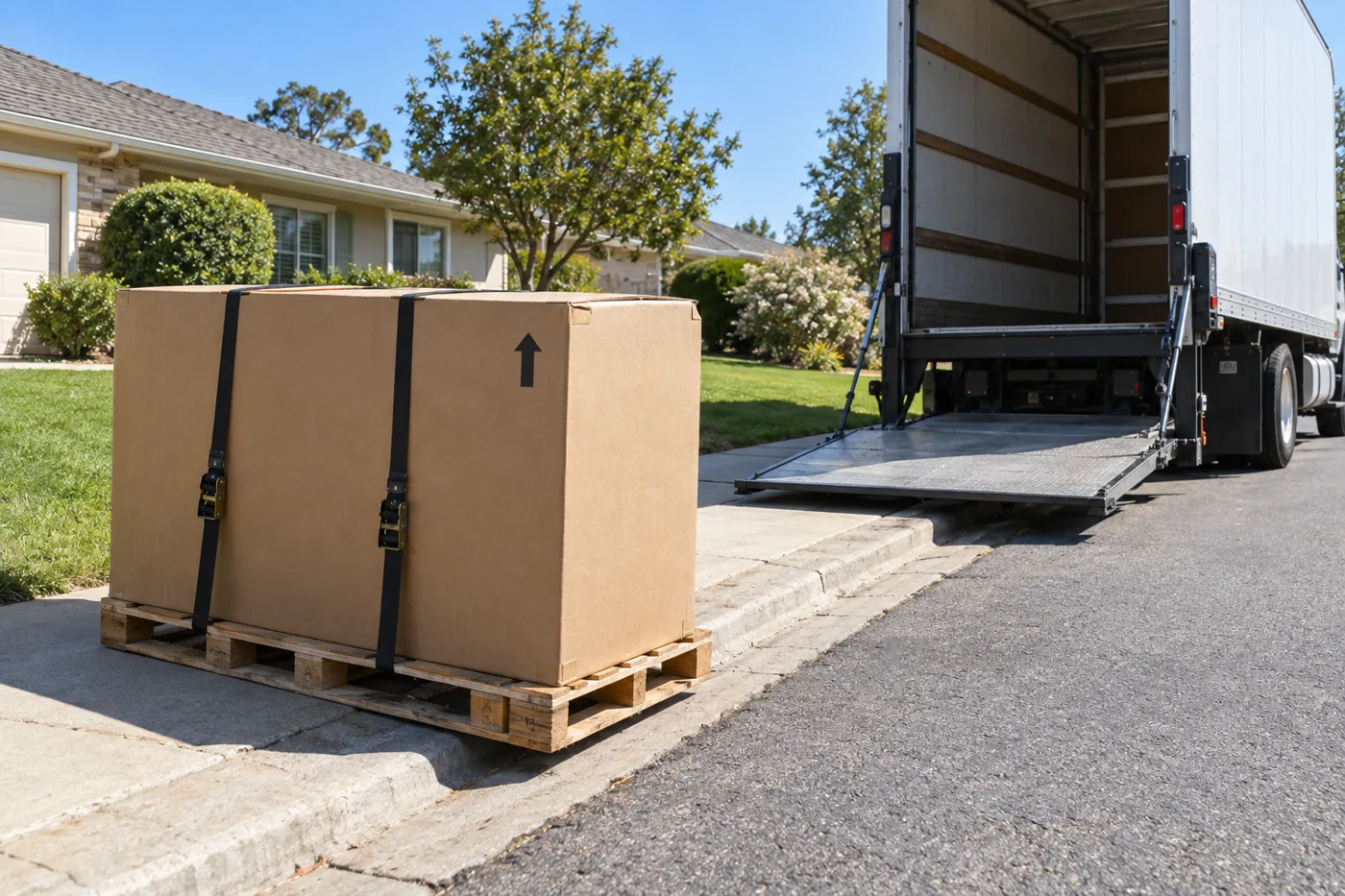 A boxed scooter on a pallet at the curb, lowered from a truck