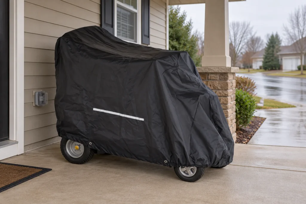 Mobility scooter stored under a fitted weather cover on a covered porch