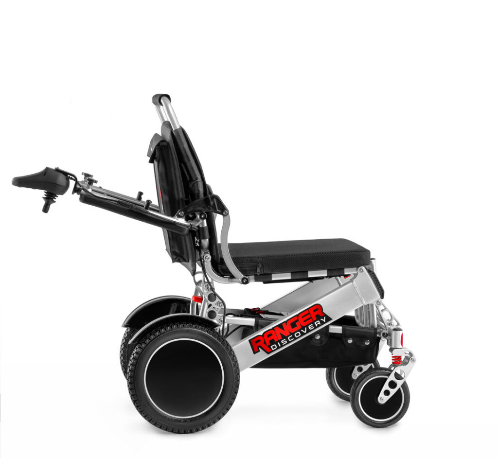 Porto Mobility Ranger Discovery XL folding power wheelchair, side view with joystick armrest swung back