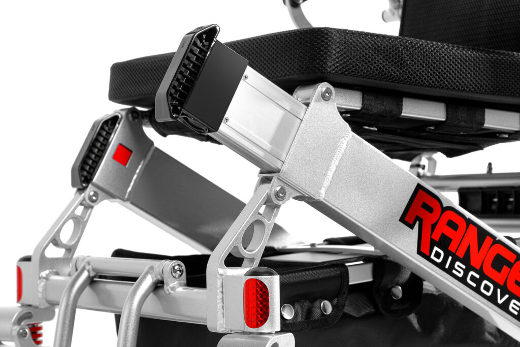 Porto Mobility Ranger Discovery XL folding power wheelchair, close up of the frame tube ends below the seat