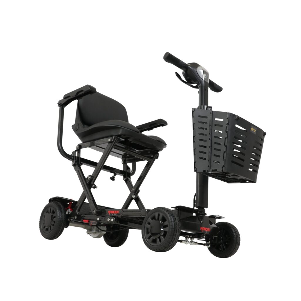 Porto Mobility Ranger Ivy scooter with front basket, low angled view