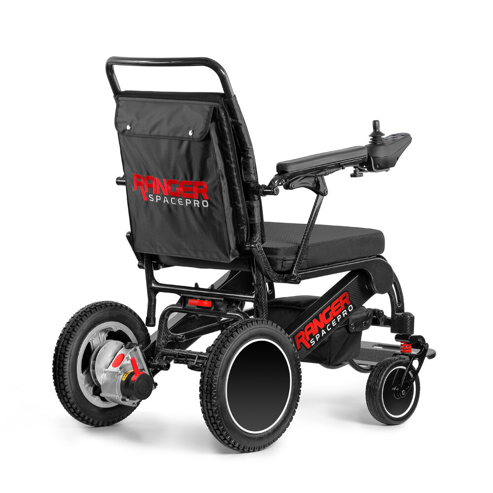 Porto Mobility Ranger SpacePro folding power wheelchair, angled rear view with logo back pouch